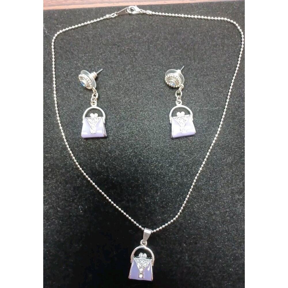 Purple Purse Charm Necklace Matching Earrings Bling Shopping Fun Pierced - Picture 4 of 6